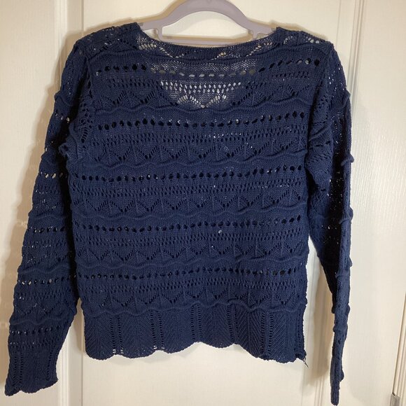 Grace Women's Crochet Top Navy Blue Sheer Sweater Long Sleeves Made in Italy - Picture 6 of 8